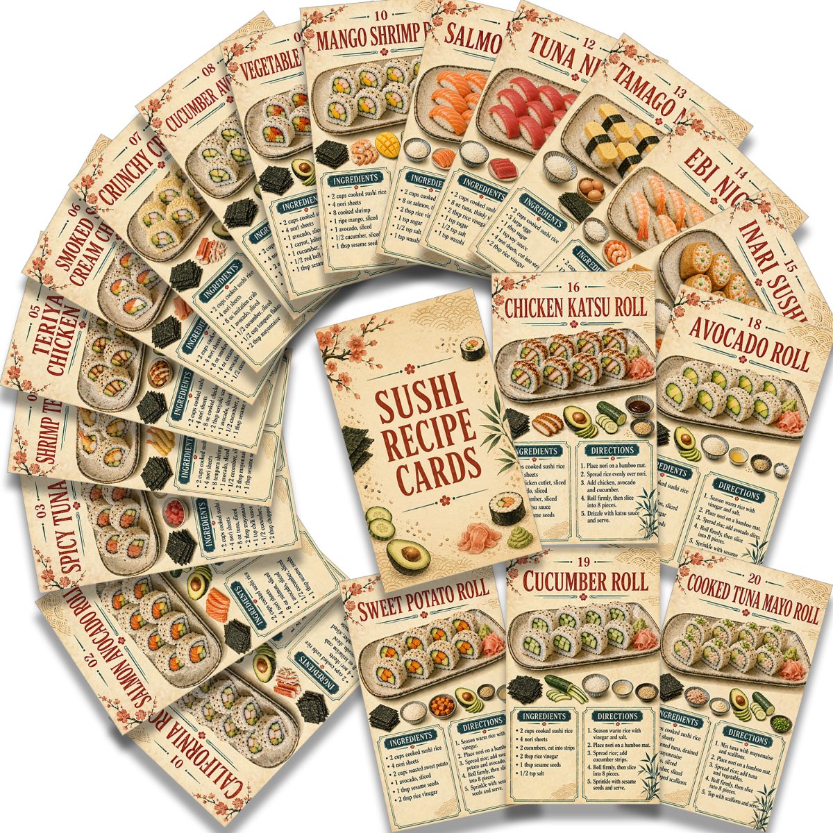 TEMU Lot de 20 cartes de recettes de sushi vintage pour débutants - Guide par pour des sushis maison avec listes d'ingrédients et instructions ,