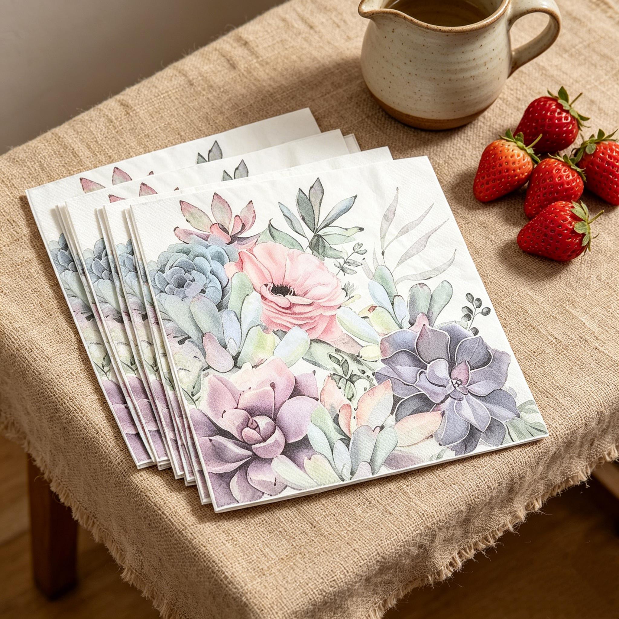 TEMU 5 Hojas de Servilletas Decorativas de Acuarela con Suculentas y Flores, Servilletas Desechables de Capa, Adecuadas para en el Jardín, , ,