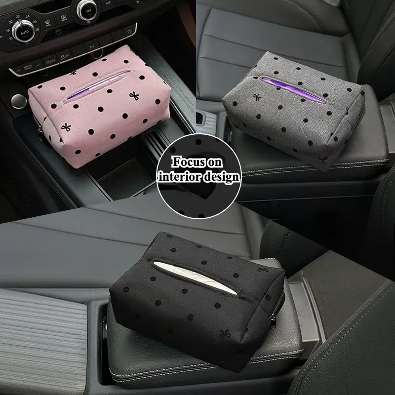 luxury elegant polka dot car tissue holder with bowknot universal fit backseat and polyester fiber ideal for armrest sun visor and console storage car accessories Product details 4