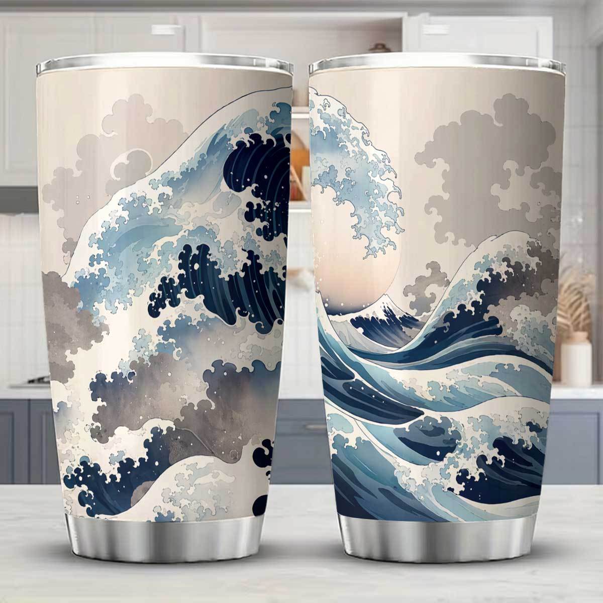 1pc 20oz Japanese Wave Art Stainless Steel Insulated Tumblers Travel Mug With Lid Cup Daily Use Leakproof And Bpa Free Keep Drink Hot And Cold Ideal Gift For Colleagues