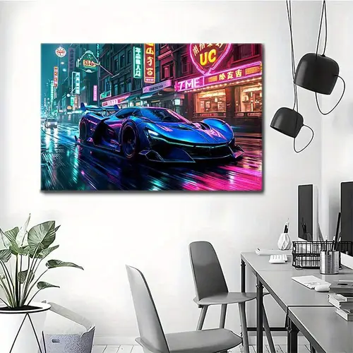 2d flat 2d framed canvas wall art neon retro cityscape decor for living room office automotive enthusiasts unique gift for