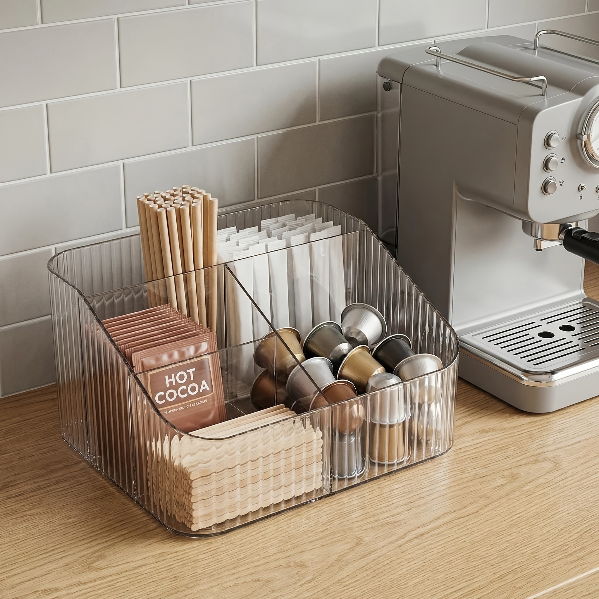 Image of Single Transparent Acrylic Storage Box For Coffee Capsules, Compartmentalized Organizer For Coffee Pods, Sugar Sticks, And Stirrers, Tilt-opening Accessory Holder For Coffee Bar, Easy To Clean