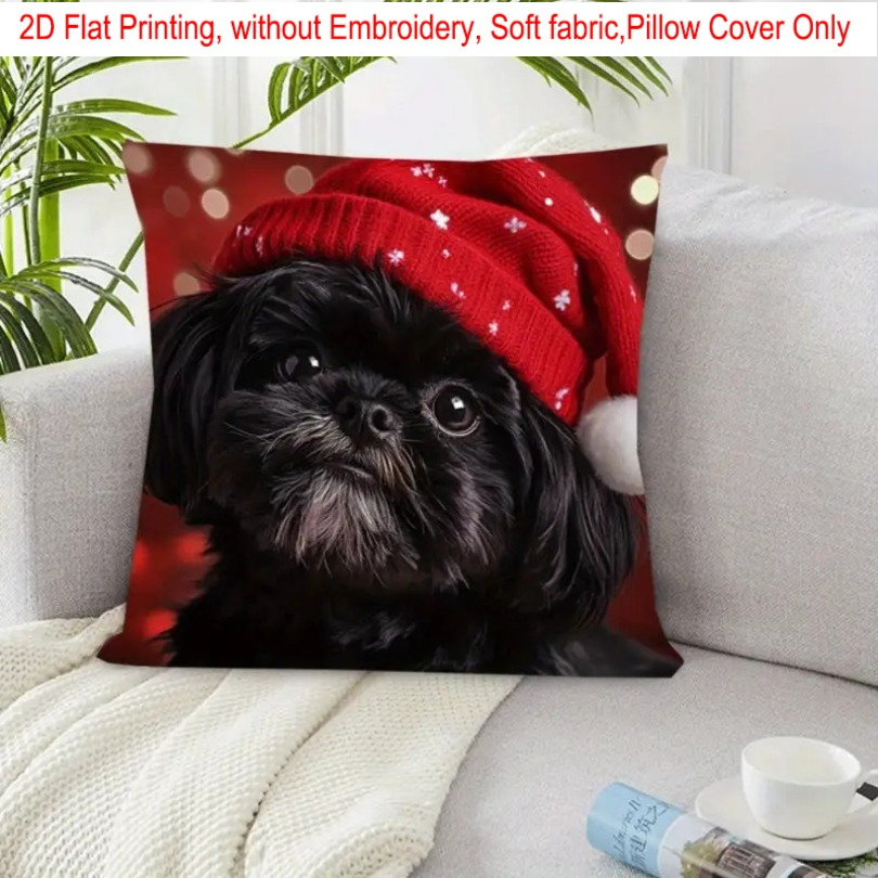 TEMU 2d Flat - 1pc, 2d Flat Printing, Christmas Black Shih Tzu Pillow Cover, Santa Hat Dog Pattern, Festive Red And White, Single-sided Printing, No