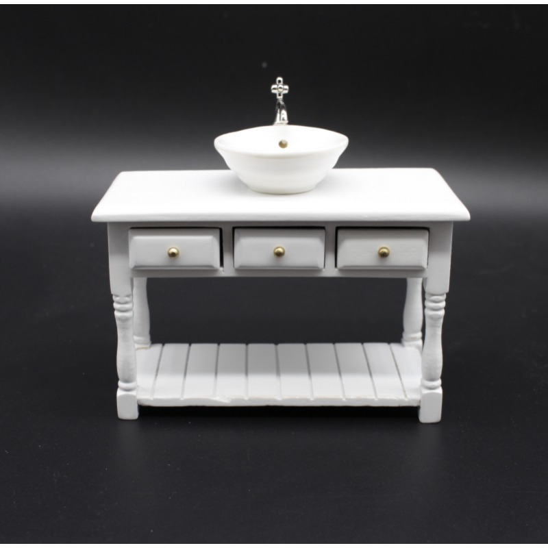 Image of 1:12 Dolls House Miniature Furniture Model Dining Room Scene White Wooden Table With Drawers Table - With Washstand, Must-have For Dollhouse, Decoration, Cute Plaything, Handmade Mini Model