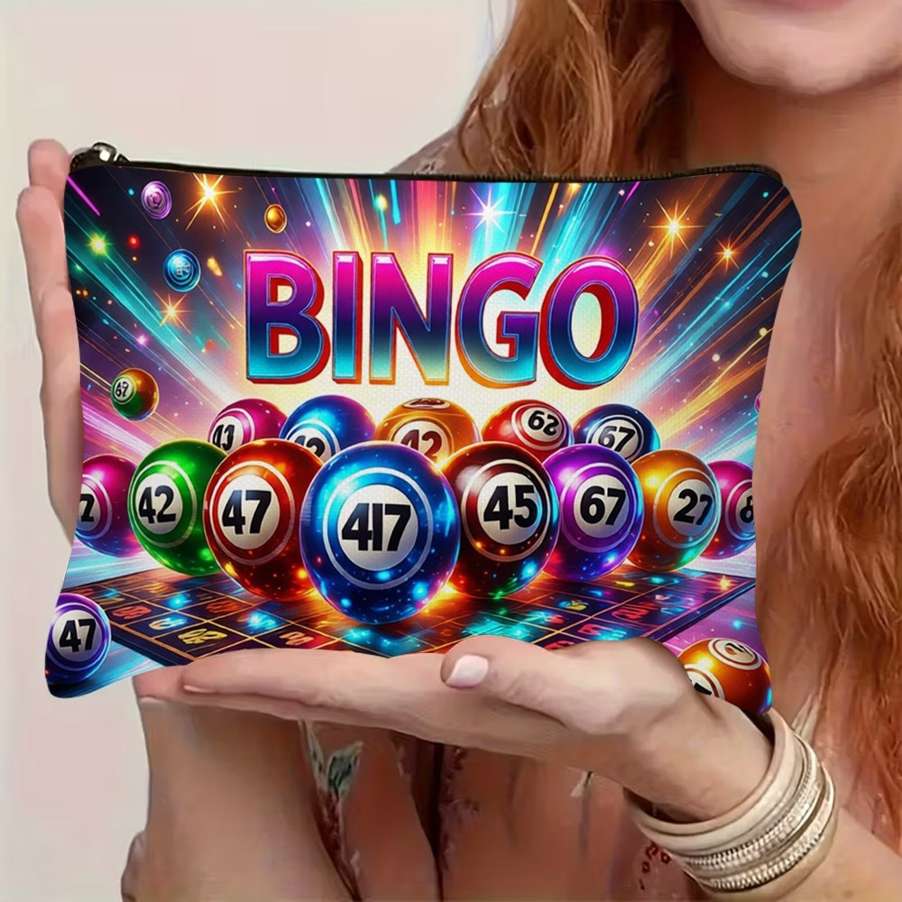 TEMU Trousse de toilette 1 pièce avec imprimé jeu de bingo 2D plat et , en polyester durable avec fermeture à glissière, pochette de rangement de