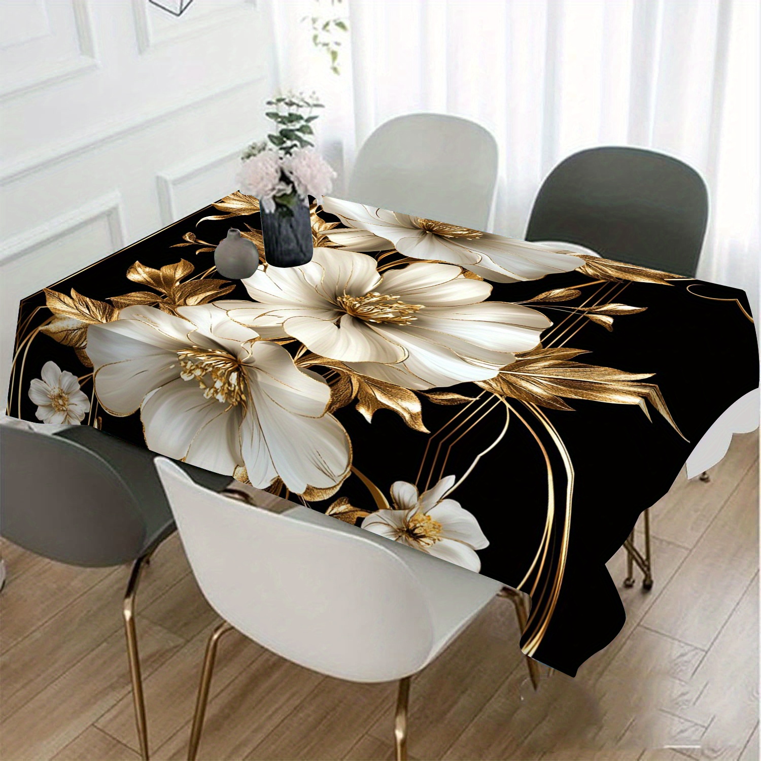 

Elegant Golden Floral Tablecloth - Polyester, Rectangular Dustproof Cover For Home Parties & Living Room Decor