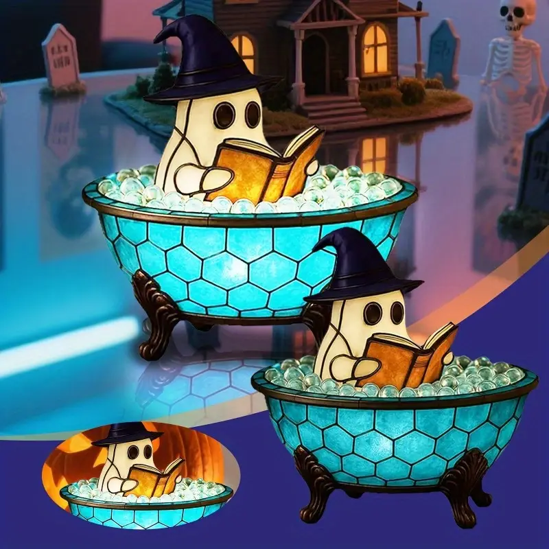 cute bathtub night light usb powered for bathroom desktop halloween decoration with witch hat low power bedside lamp resin home decor lamp party or horror theme idea stylish design home decor lighting durable material lightweight design Product details 0