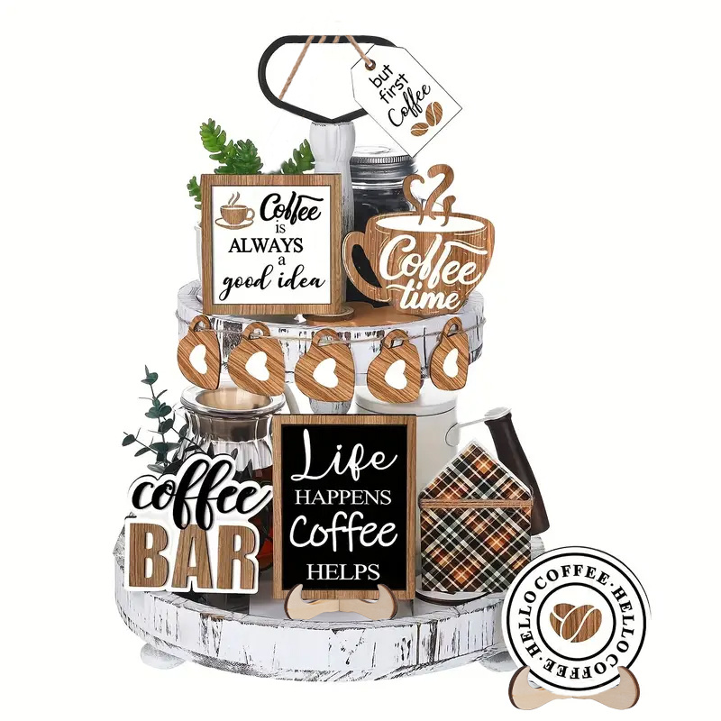 

13pcs Rustic Farmhouse Coffee Bar Wooden Signs Set, Floor Mount Wood Tiered Tray Decorations With Bead Garland For Home Kitchen Coffee Station Bar Shelf Decor, No Power Needed