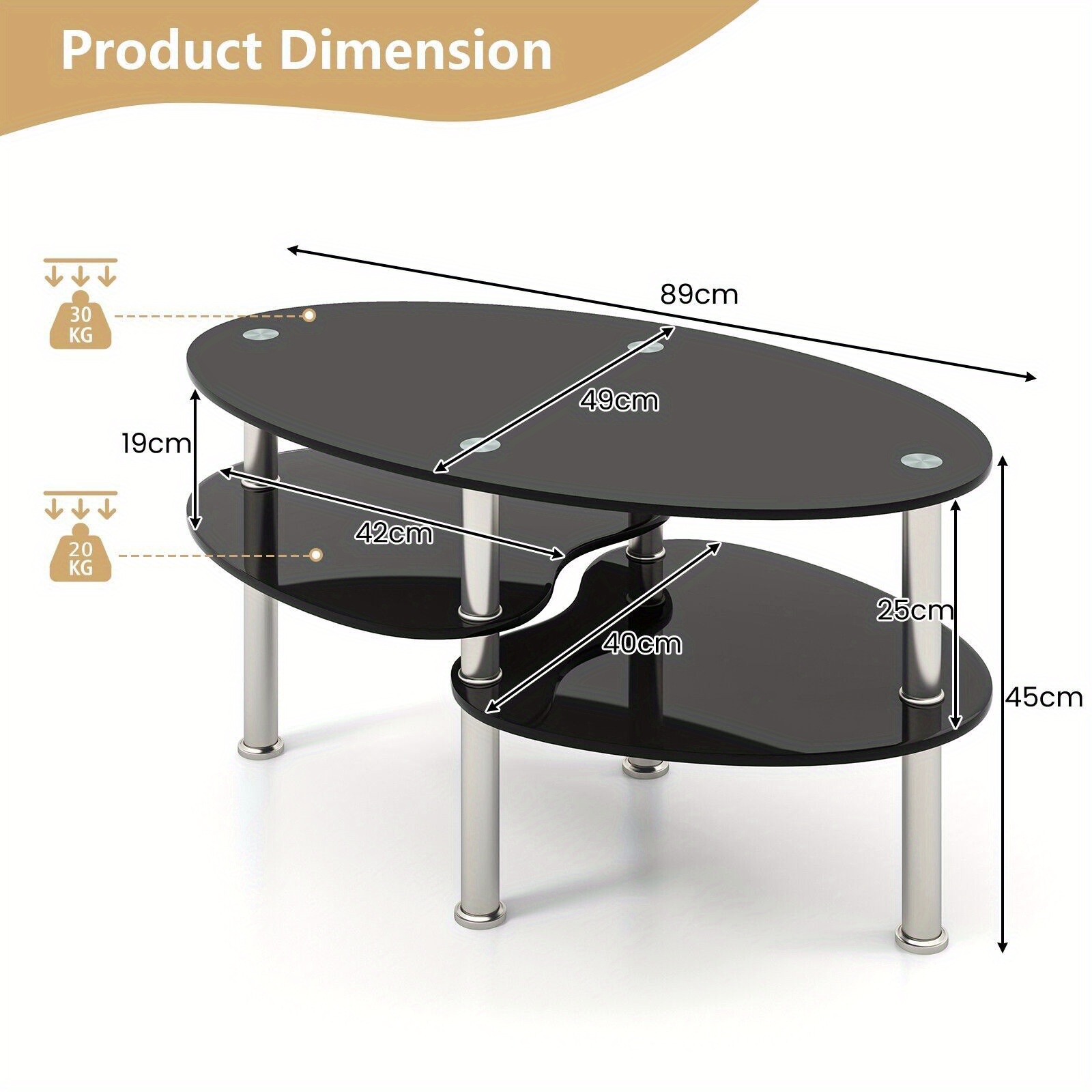   3 tier tempered glass coffee table with heavy duty   open shelf modern oval shaped center table   resistant 89cm x 49cm x 45cm versatile for living room office or reception room coffee table for living room