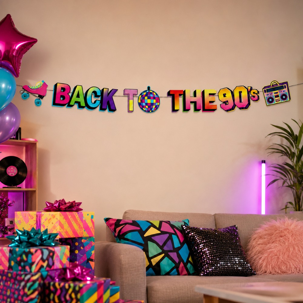 TEMU Retro Return To The 90s Theme Party Banner, Flag - Colorful "back To The 90's" Letter Print, Double Row Of Roller Skates, Disco Ball, Handheld