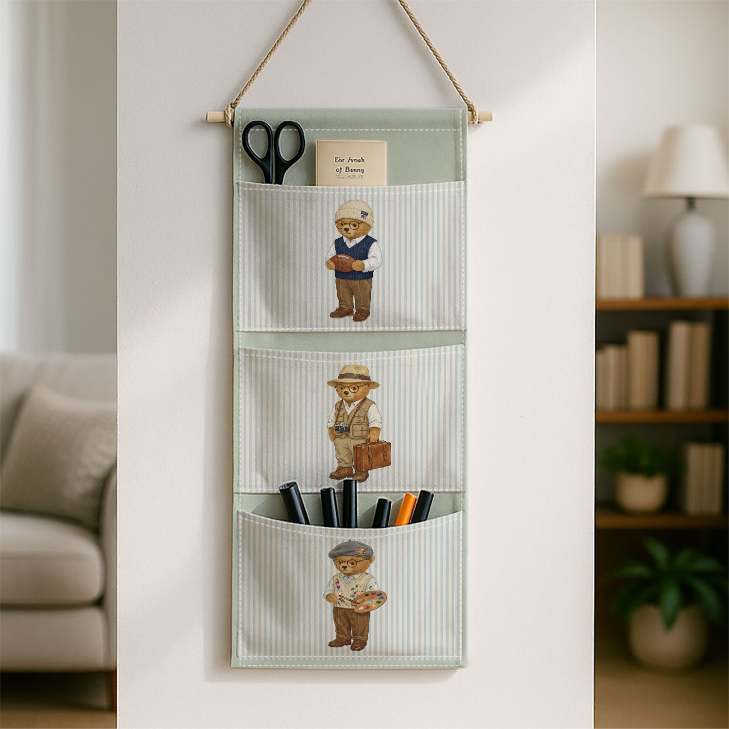 TEMU 1pc Rustic Bear Wall-mounted Fabric Hanging Organizer Suitable For Bedroom Closet Door Back, Minimalist Bear Character Storage Bag With Hanging