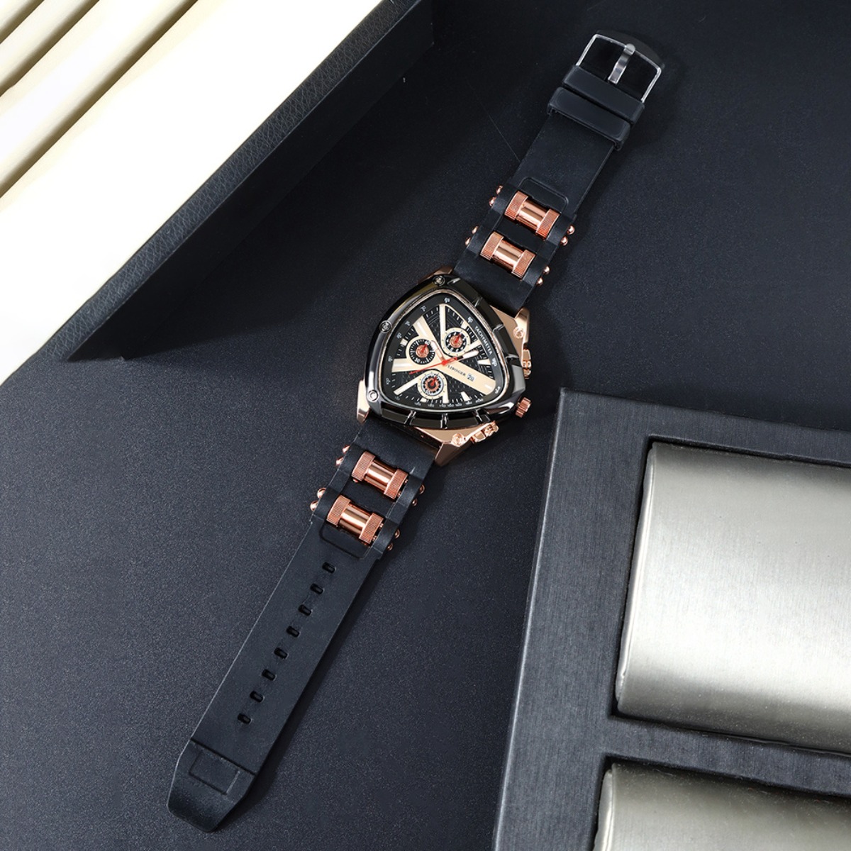 3pcs Set Men'S Quartz Watches with Silicone Strap & Date Display - Classic Triangular Dial, & Golden-Tone Case, Non-Rechargeable Battery, Casual & Sporty Wear