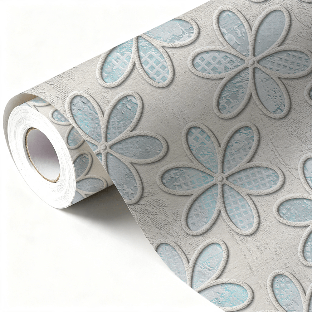 TEMU 1 Roll 0.24mm Light Gray Blue 3d Relief Five-petal Flower Self-adhesive Wallpaper, Textured Embossed Checkered Petal Floral Pattern - Peel And
