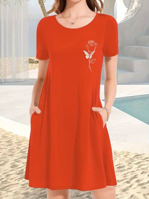 line print european and american round neck loose casual short sleeve pocket t shirt summer elegant dress