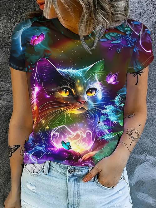 item picture womens short sleeve t shirt featuring a vibrant cat and exuding a and