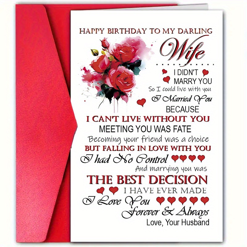 TEMU 1 Wife's Birthday Greeting Card With Envelope - Romantic Wedding-themed Poem With Heart-shaped Cutout - Elegant Red - Marriage Message -