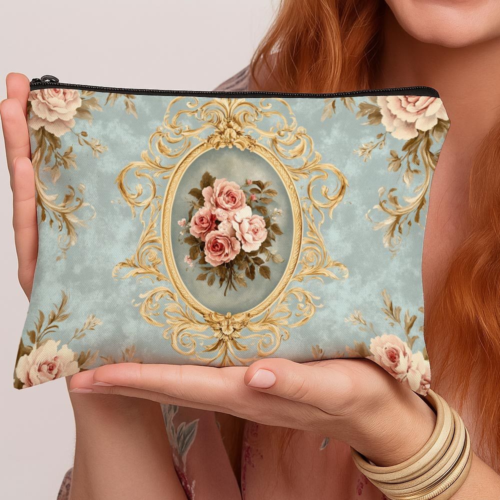 TEMU 1 stuks Barok Kunst Make-up Tas - Sierlijk Bloemmotief met Rozen Vintage Victoriaans Design Rits Multifunctionele Reis Toiletartikelen Organizer