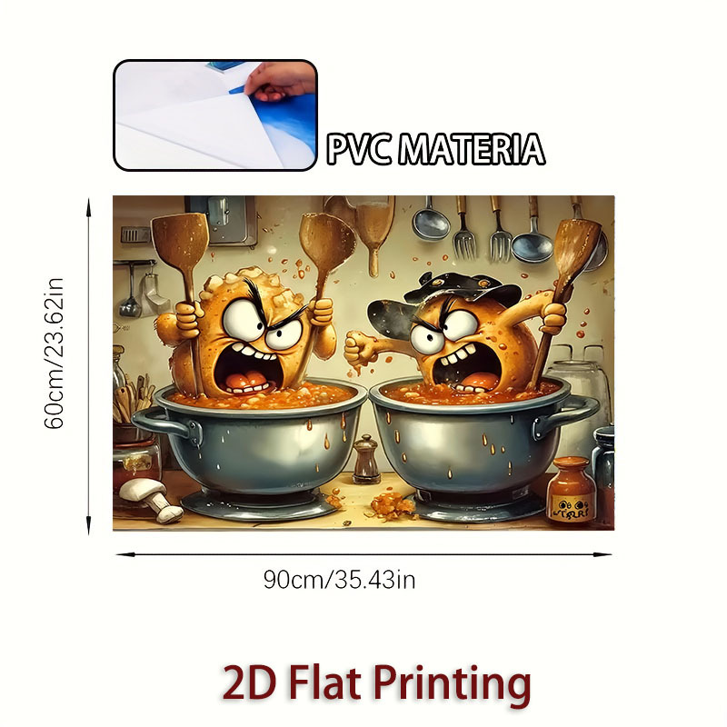 Image of [2d Flat Printing] 1pc Kitchen Wall Sticker 60×90 Cm "kitchen Carnival: Cooking Duel Of Angry Food" Theme Design Wall Sticker Decoration Wallpaper Self-adhesive Suitable For Kitchen And Restaurant