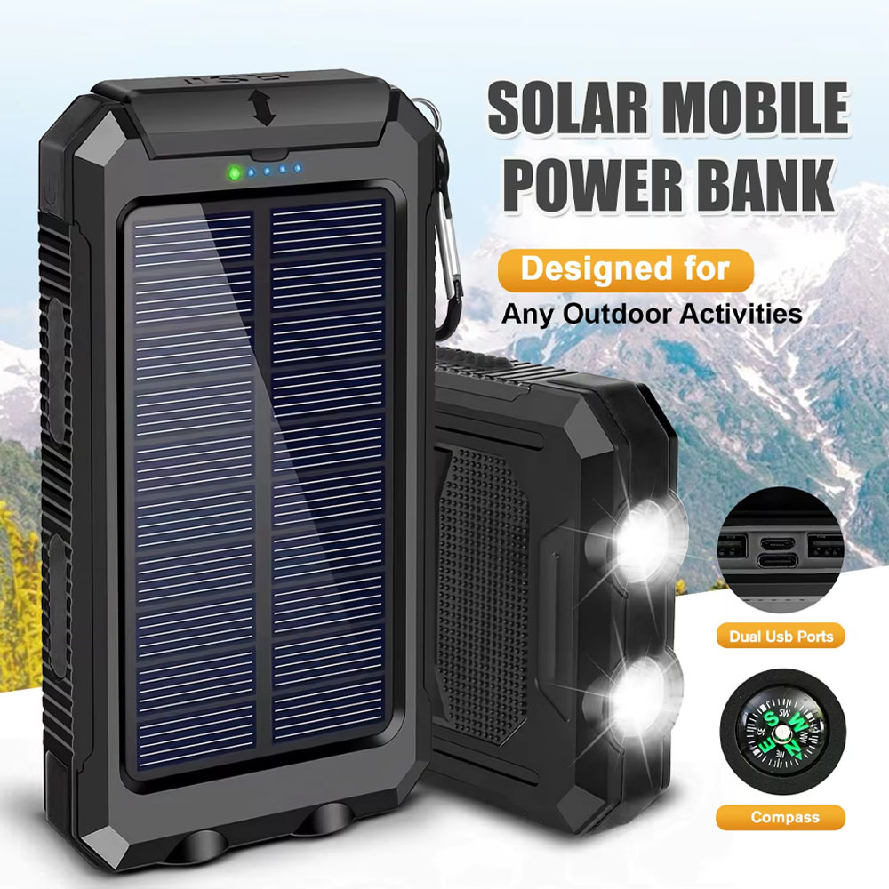 Image of 25800mah Solar Power Bank, Portable Charger Solar Phone Charger With 2 Led Flashlights & Compass, Battery Pack Power Bank For Outdoor, For Camping Travel, Smartphones