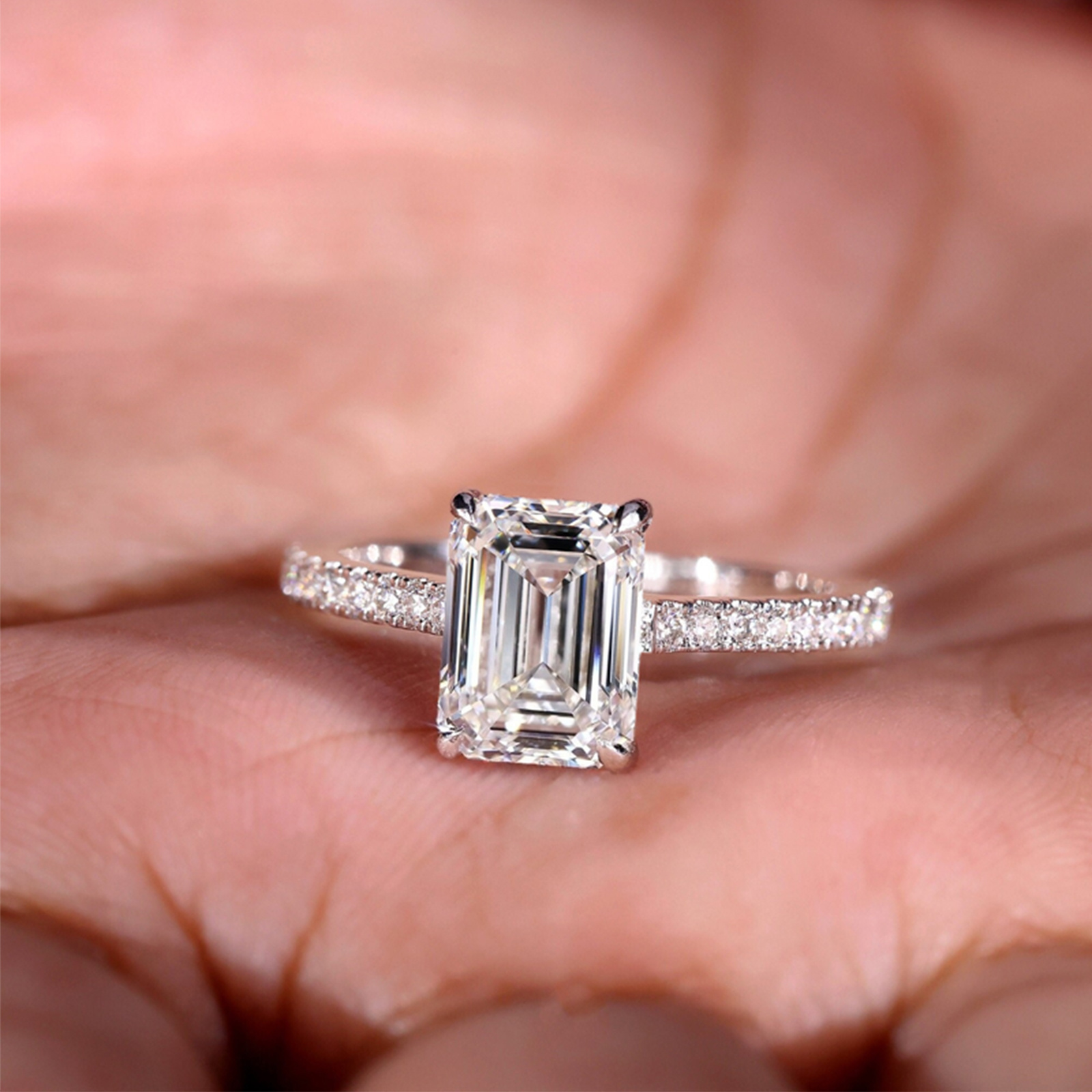 1.7/2/2.2g Emerald Cut Moissanite Direct Inlay Ring in 925 Silver
