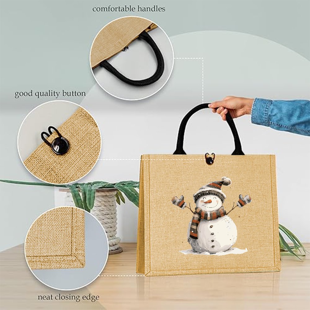 TEMU Snowman Christmas Tote Bag - Large Capacity, Jute Handbag For Gifts, Shopping & Holiday Parties