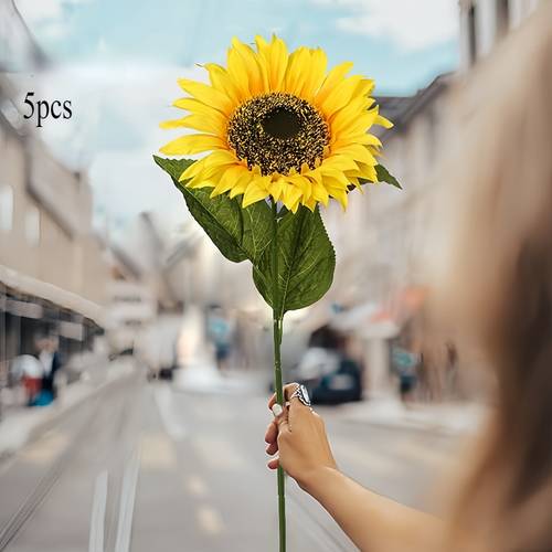 5pcs artificial sunflowers large long stems vibrant yellow plastic flowers suitable for wedding bouquets home decor centerpiece no maintenance required faux outdoor flowers