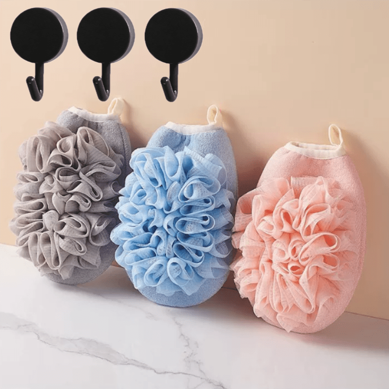 TEMU Tecey 6pcs Set: 3pcs Bath Flower And Glove + 3 Hooks, Dual-use Scrub Towel And Bath Flower, Blue, Pink, And Gray, Practical Bathroom Set For