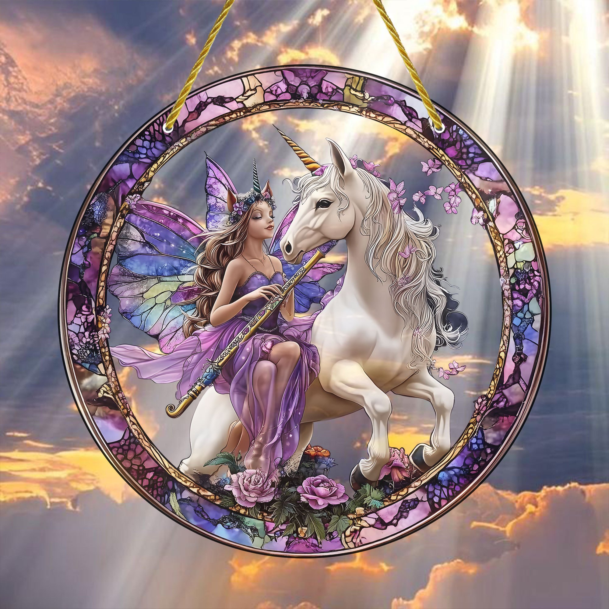 TEMU 2d Flat, 1pc 2d Flat Fairy And Unicorn Sun Catcher Ornament - 7.87 Inch Round Acrylic Window Art, Stained Glass Effect, Home Decor, Easter Gift
