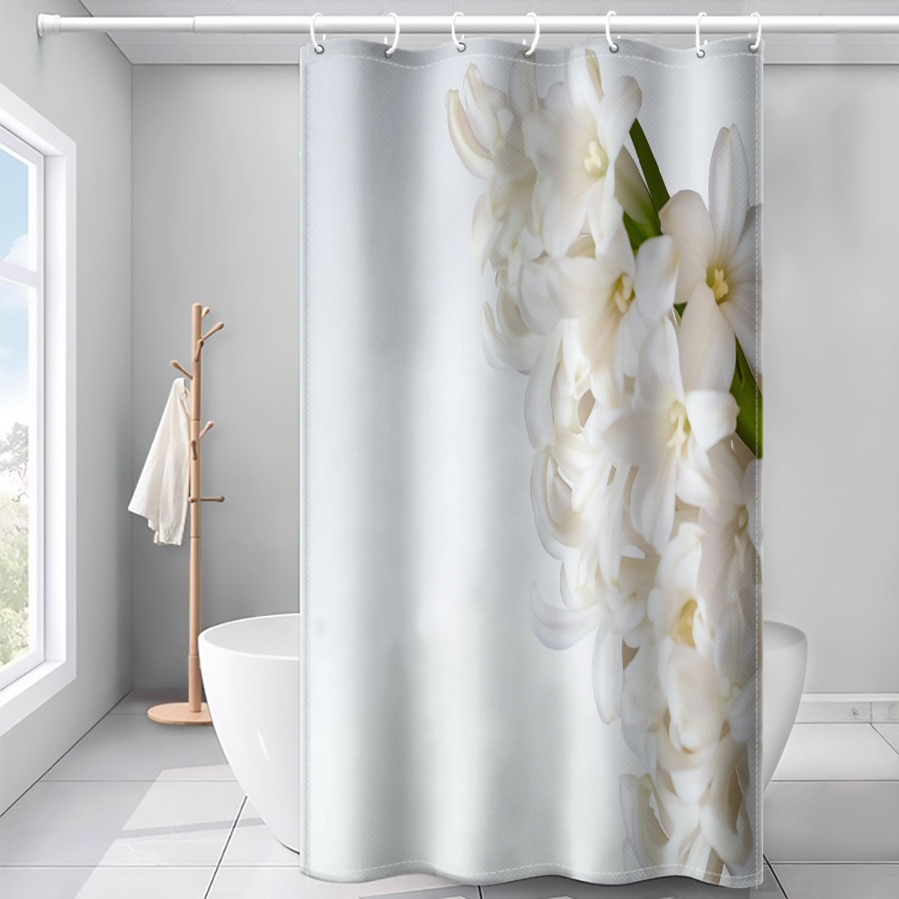 TEMU 1pc White Hyacinth Print Shower Curtain, Modern Bathroom Home Decor With Plastic Hooks, Suitable For Home & Hotel, Machine Washable, Bathroom