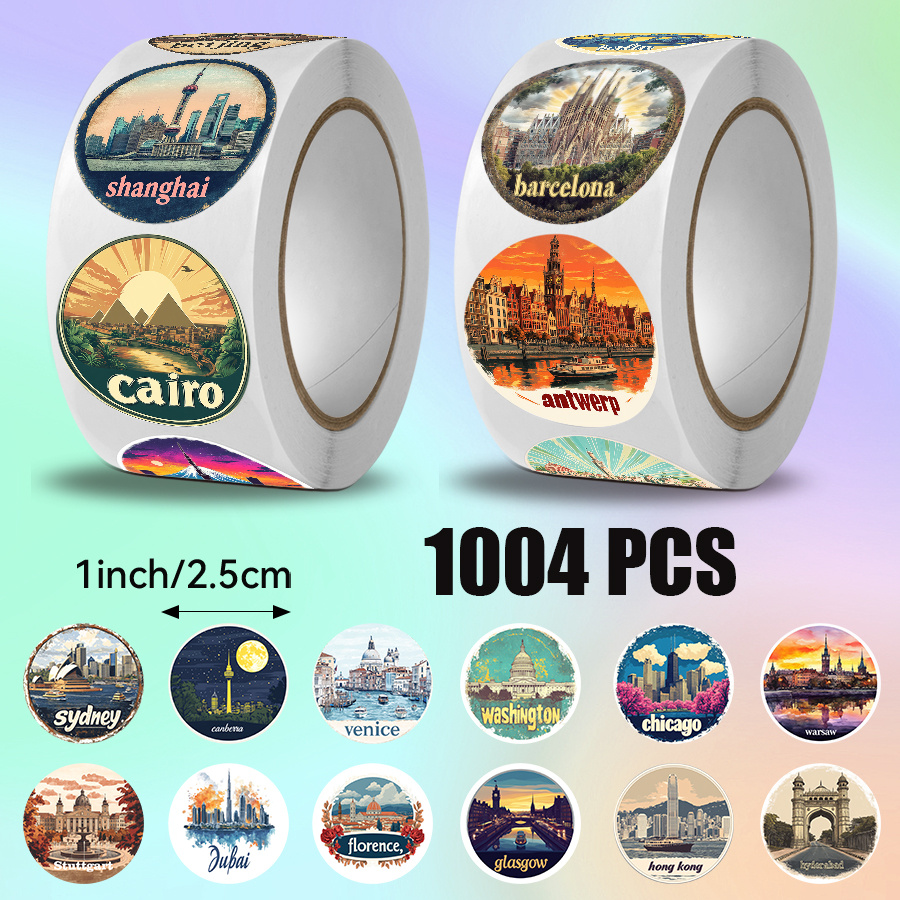 TEMU 2 rollos/1004 piezas, pegatinas redondas de rollo de monumentos de ciudades famosas del mundo de estilo vintage, pegatinas autoadhesivas de