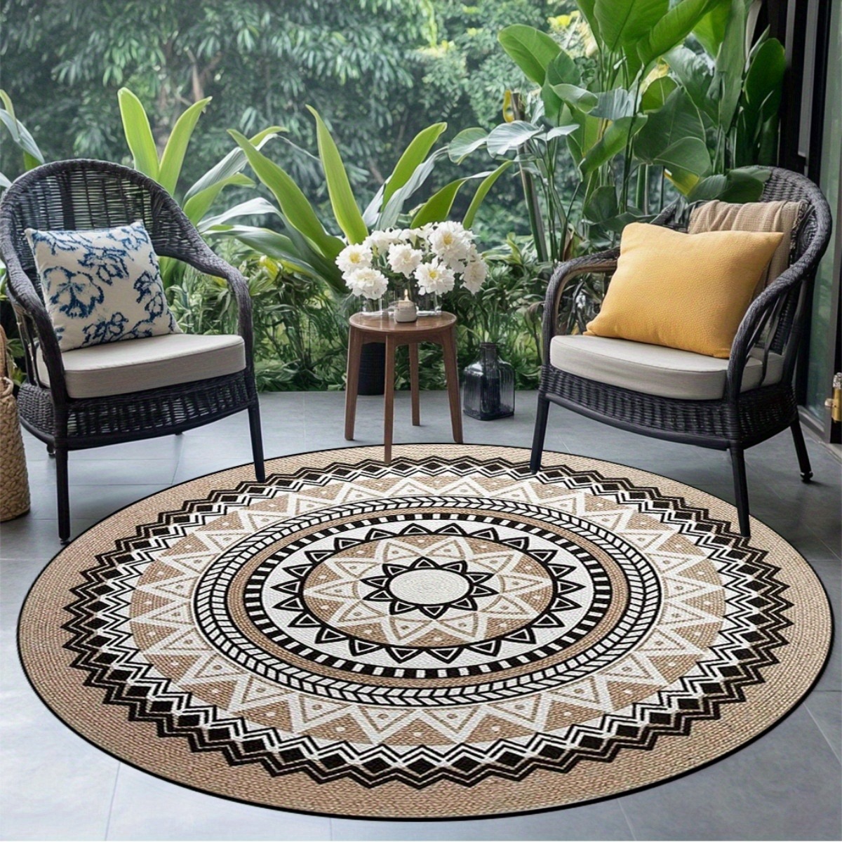 TEMU 2d Flat Printed Flannel Bohemian Style Geometric Pattern Durable Round Mat, Suitable For Outdoor Patios, Living Rooms, And Bedrooms, Placing