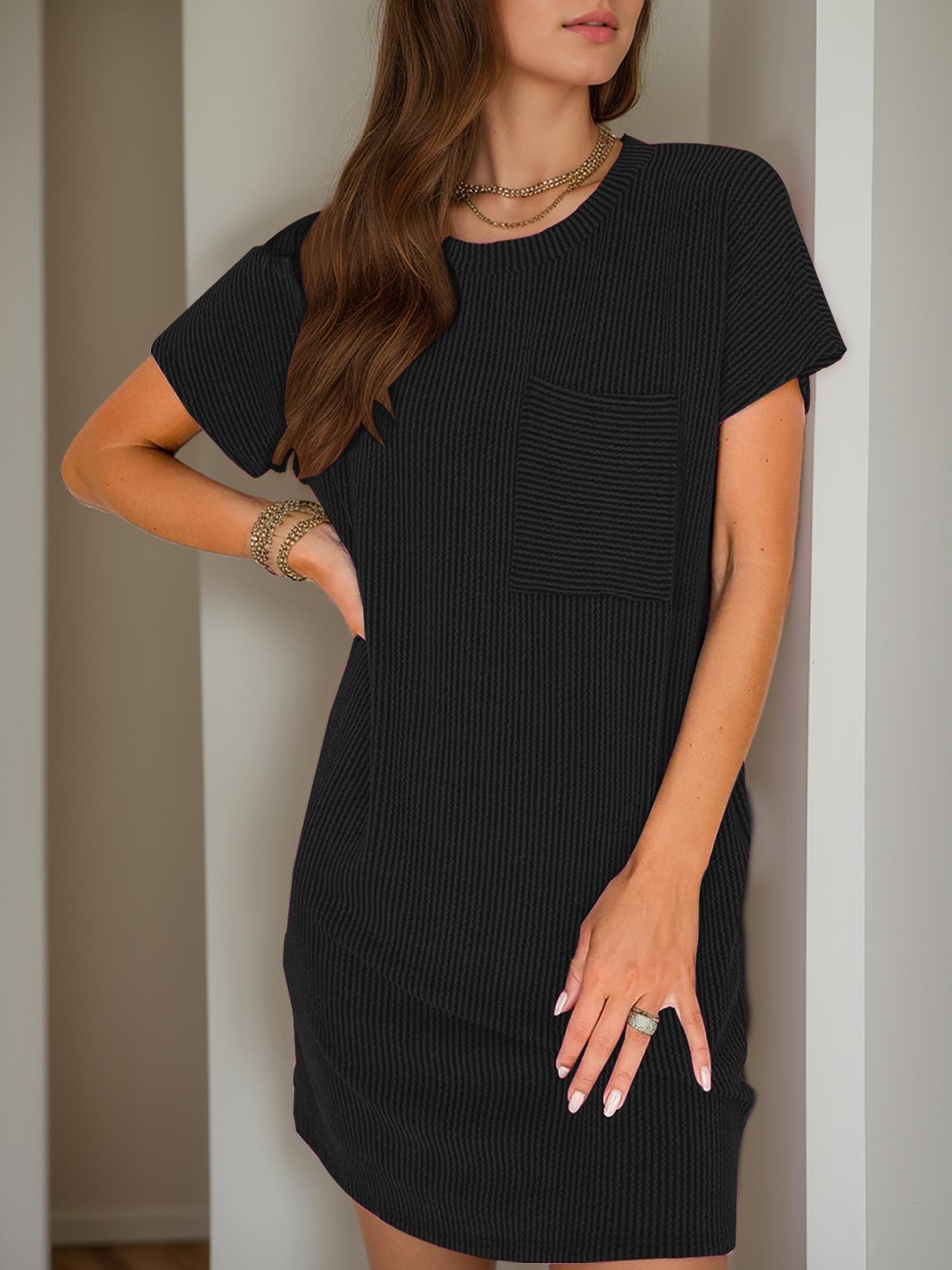 women's casual gray t-shirt dress - soft ribbed polyester/spandex blend,  long sleeve, round neck, knee-length with pockets - spring/summer/fall,  machine washable, comfortable clothing|minimalist dress|soft ribbed texture  - women's clothing - Temu