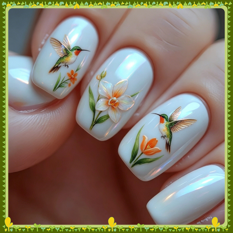 48pcs Hot Press On Nails, Hummingbird Floral Short Square Nails, Removable Summer Nail Art