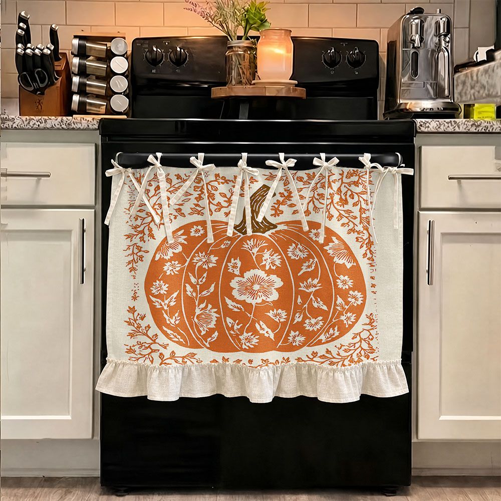 TEMU 2d Autumn Farmhouse Style, Kitchen Decor, Multifunctional Oven Protective Curtain, Large Orange Pumpkin With White Floral Pattern And Hem, Linen