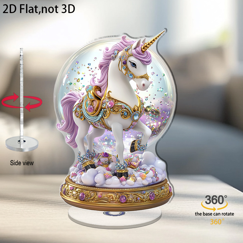 TEMU Figurine de boule à neige licorne rotative 2D plate avec base rotative et mouvement de , ornement licorne en plastique pour décorations de Noël