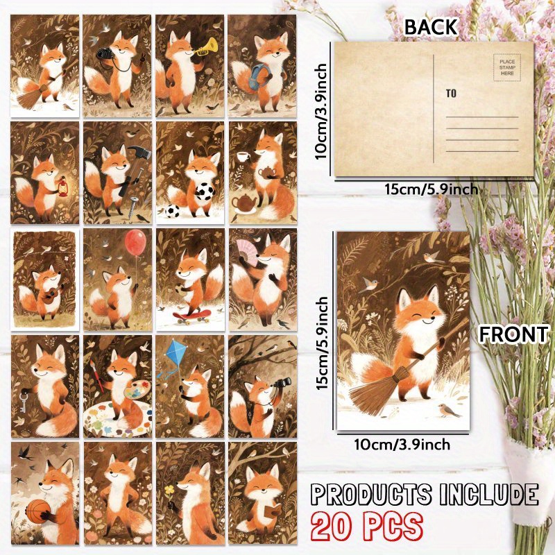 TEMU Set mit 20 Aquarell-Postkarten mit einem charmanten Retro-Fuchs- und Wald-Design, für jeden Anlass. Eine einzigartige Geschenkidee für Familie