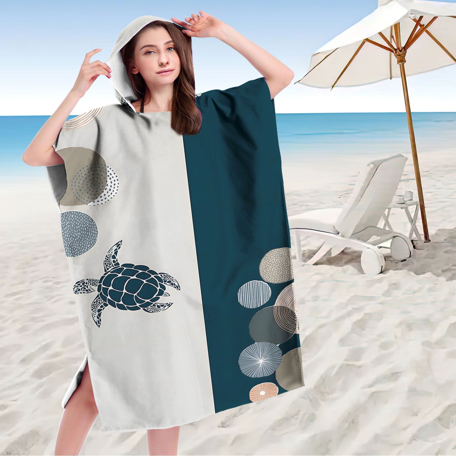 E-shop Unisex Extra-Große Kapuzen-Strandtuch-Poncho - Tragbare Bademantel mit Schildkröten & Geometrischem Design, Schnelltrocknendes Mikrofaser für