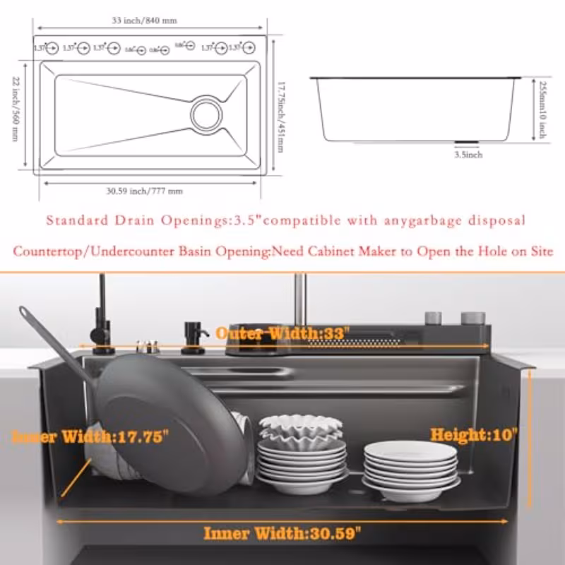 33x22x10in black smart kitchen sink ambient light multifunction waterfall kitchen sinks 8 gauge metal black stainless steel single bowl workstation sink with soap dispenser Product details 2