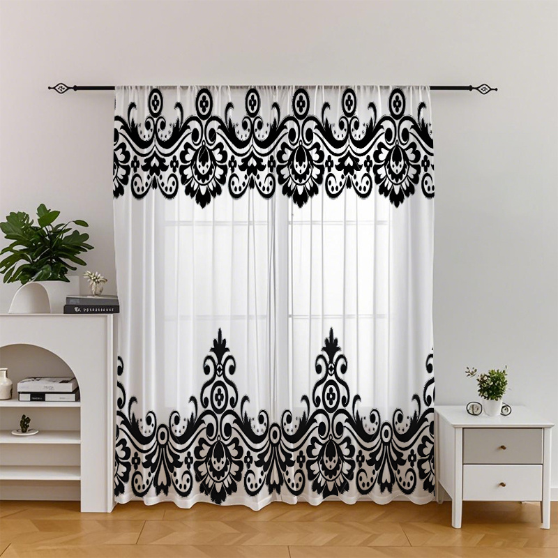 TEMU 2pcs, Black Floral Border Pattern, Window Sheers, Decorative Curtains, Sheer Curtains, Sheer Window Sheers Pocket Rod Window Treatments, Home