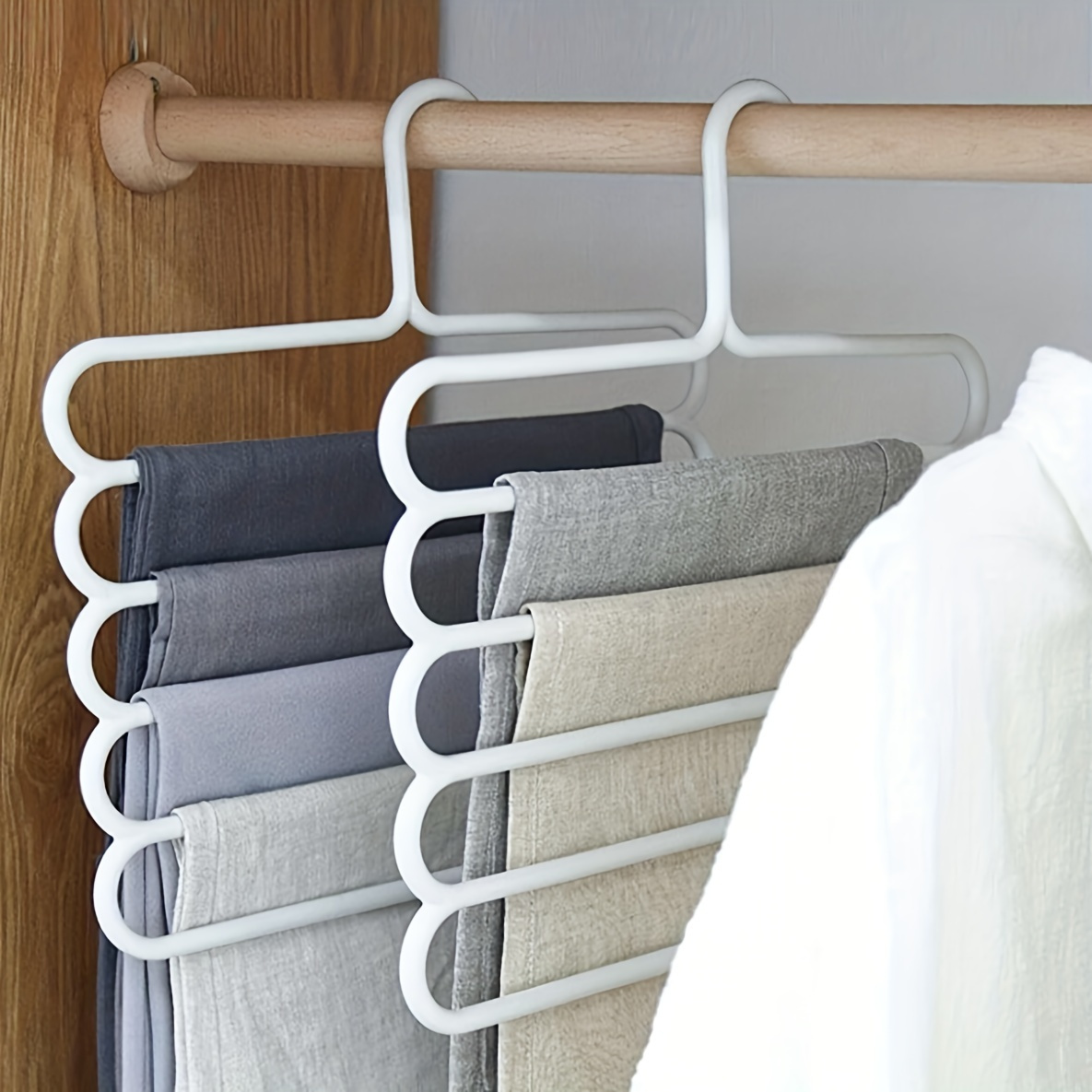 2pcs Space 5-tier Pants Hanger - Closet Organizer With White Hooks For Pants, Skirts, Scarves, Durable Plastic Wardrobe Storage Solution