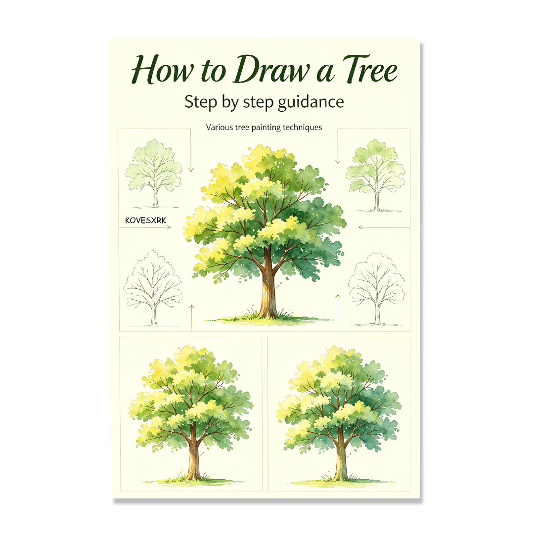TEMU 1pc | Watercolor Tree Painting Tutorial Guide, Tree Illustration , A5 Size, Line Art Starting Shape - Copying And Sketching Goodies, Easy To