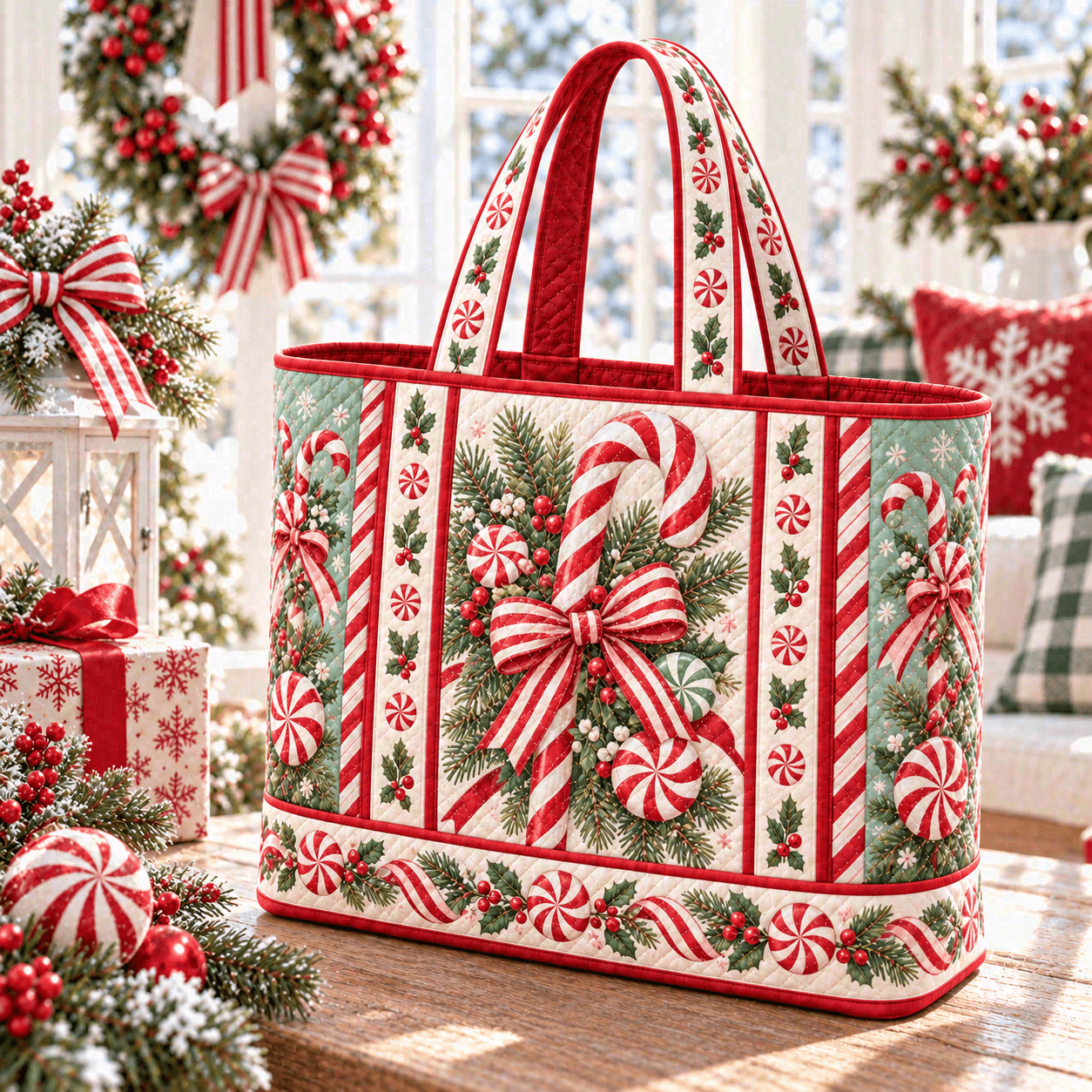 TEMU Quilted Tote Bag For Women, Candy Cane Peppermint Bow Print, Festive Red Style, Large Capacity Fabric Tote Bag For Shopping, Travel, Work,
