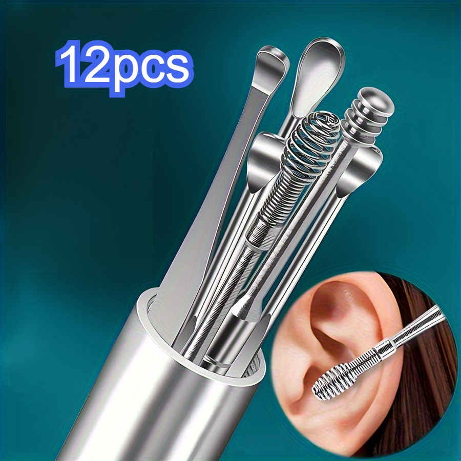 A 12pcs Stainless Steel Ear Cleaning Tool Set - Spiral And Cylindrical Design, Portable Hook Earwax Removal Stick Set