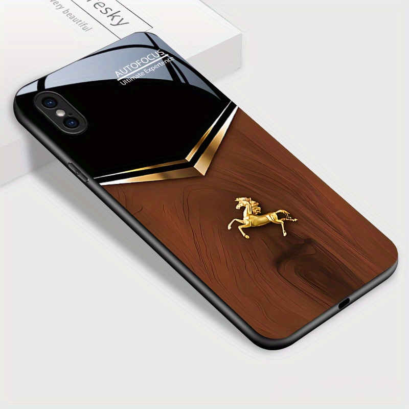 TEMU For Iphone X Xs Max Xr Phone Case, Golden Horse And Stylish Grain Print Glossy Tempered Glass Casing Shockproof Back Cover, Mobile Accessory,