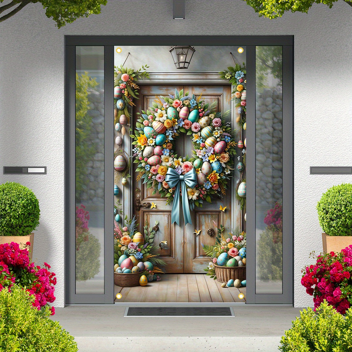 

2d Door Banner 1pc Dienalls Easter Door Cover Banner, Polyester Floral Wreath With Eggs Design, Holiday Decor, For Garden, Indoor & Outdoor , Fits All