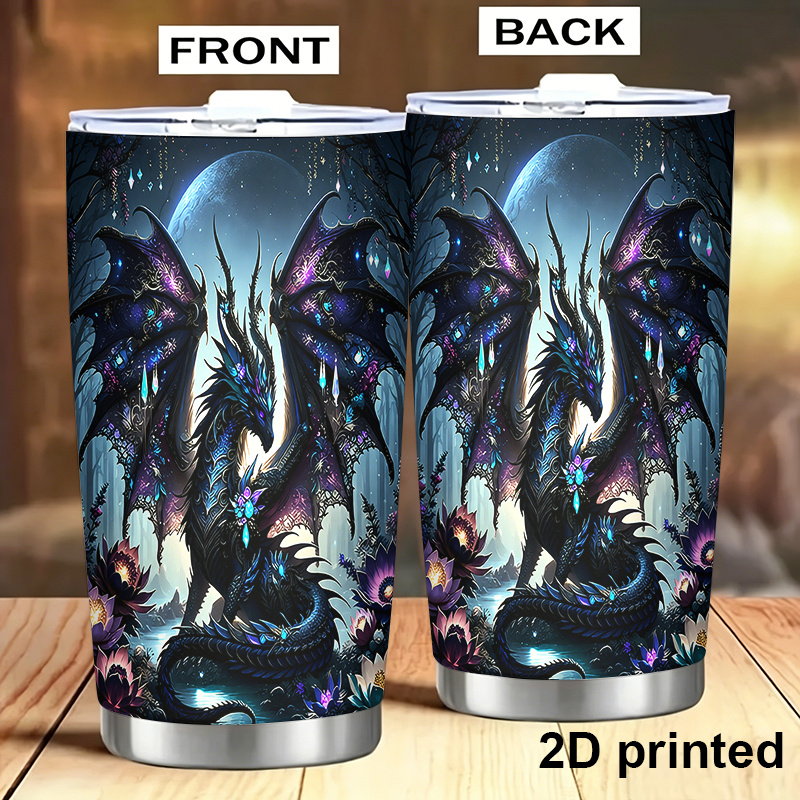 TEMU 1pc 20oz/ 600ml 2d Printed Water Bottle, Coffee Cup With Lid Mug Tumbler Stainless Steel 2 Dark Gem- Dragons Rest Amid Under . For Travel,