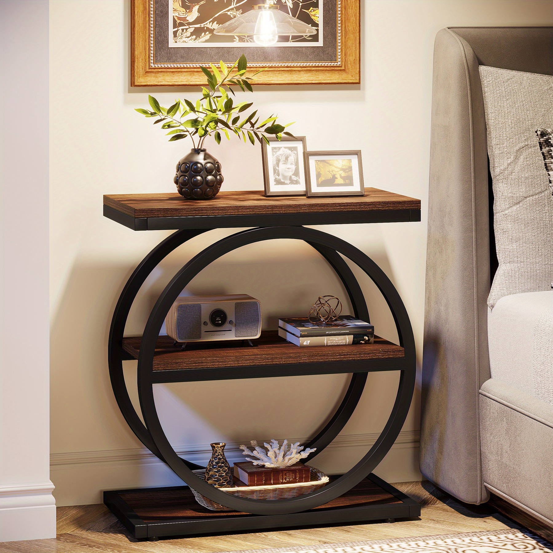 Industrial Modern Narrow End Table with 3-Tier Storage Shelves - Black Metal Frame & White Engineered Wood Top, Space-Saving Slim Nightstand, Bedside Table or Sofa Side Table for Small Spaces, Easy Assembly, Scratch-Resistant Surface, Sturdy Contemporary Design with Rounded Edges, Compact for Living Room, Bedroom, Hallway - Ideal for Apartments & Dorms