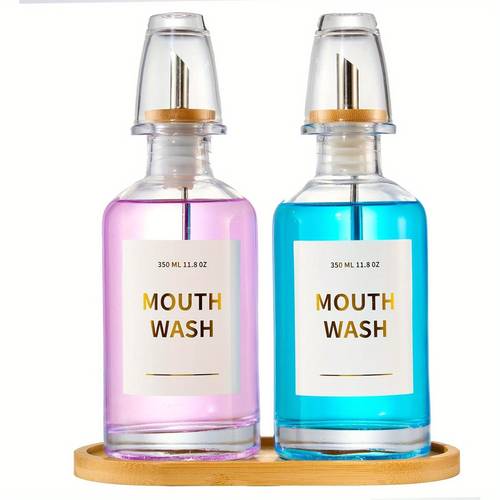 1 2 bathroom glass mouthwash dispenser 11 8 oz mouthwash holder with nozzle mouthwash with stand reusable cups reusable funnel golden stickers