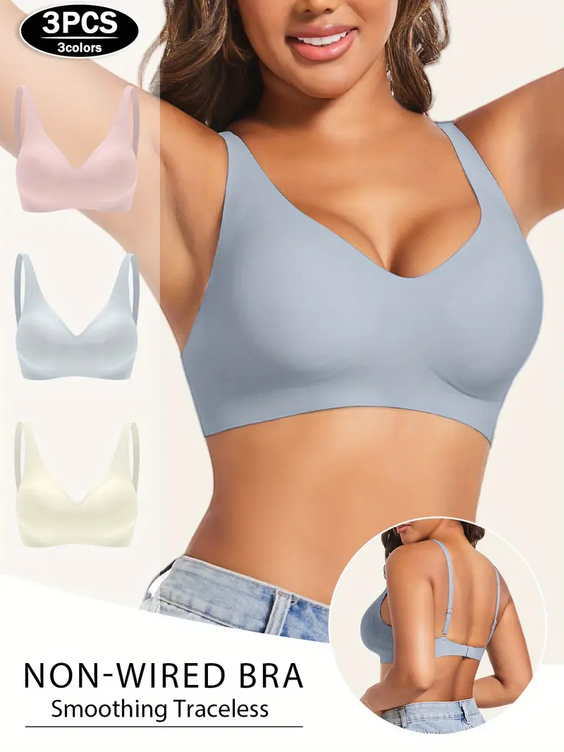3pcs womens solid color elegant bra with push up anti sagging breathable seamless wire free removable pads underwear for versatile daily wear Product details 0