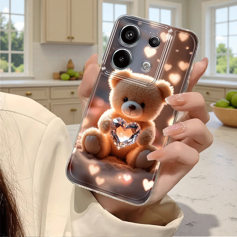TEMU Phone Case: 2d Flat Cute Bear Heart Print Pattern Phone Case, Suitable For Redmi 10 12c 13 14c + A3 Note 8 11s 12 13 14pro+ Xiaomi 10t 11 Lite